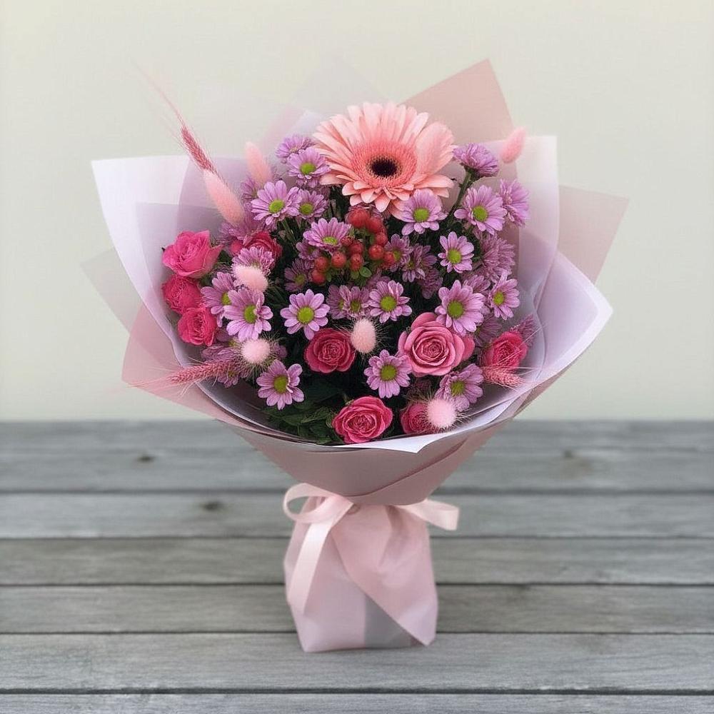 Букет цветов из: Розы, Герберы и Хризантемы в Бараново