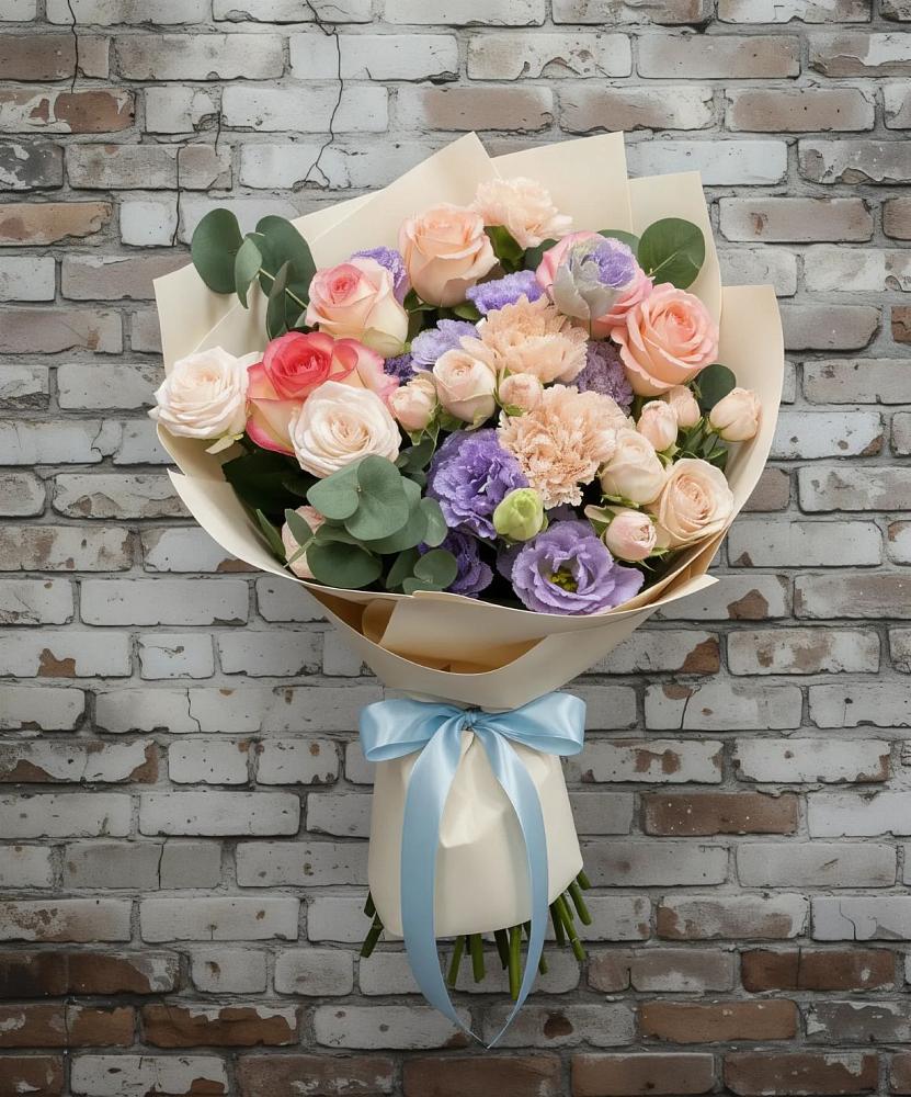 Букет цветов из: Розы, Лизиантусы и Гвоздики в Бараново