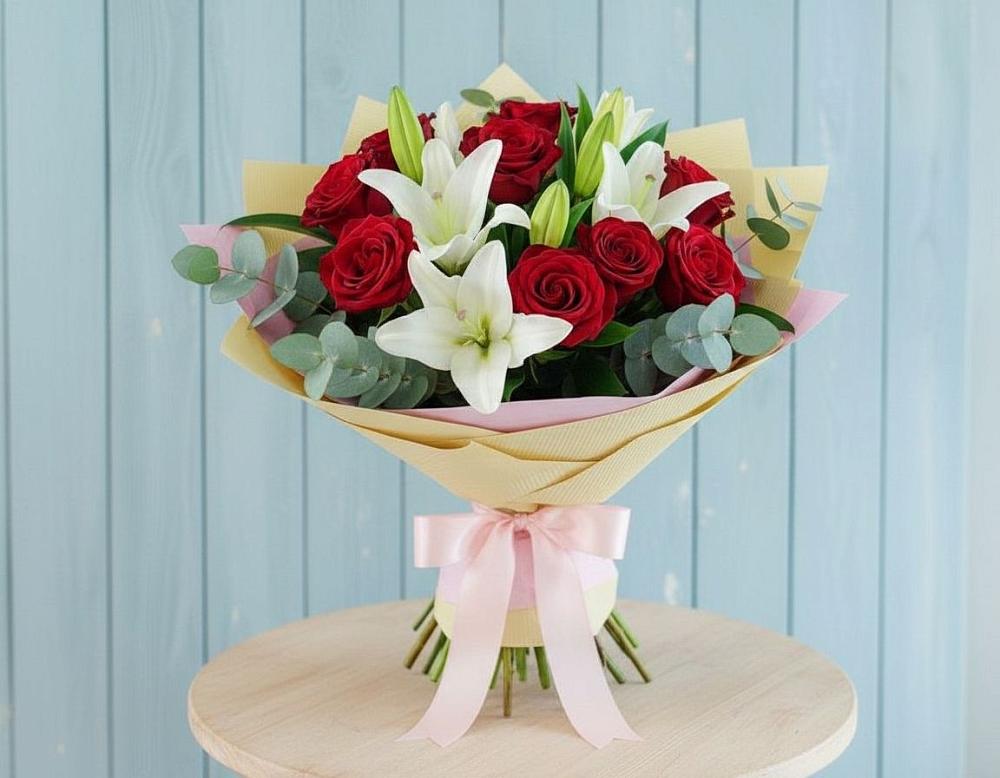 Букет цветов из: Лилии и Розы в Бараново