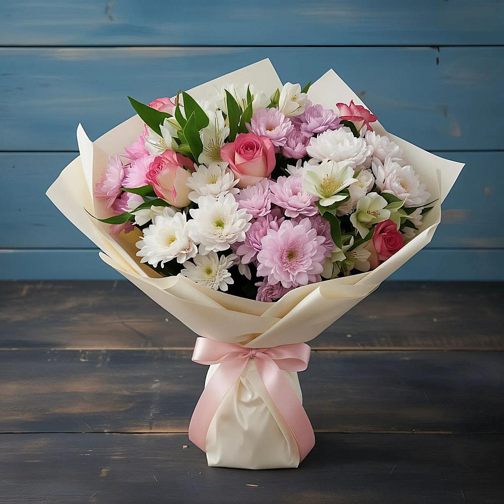 Букет цветов из: Хризантемы, Альстромерии и Розы в Бараново